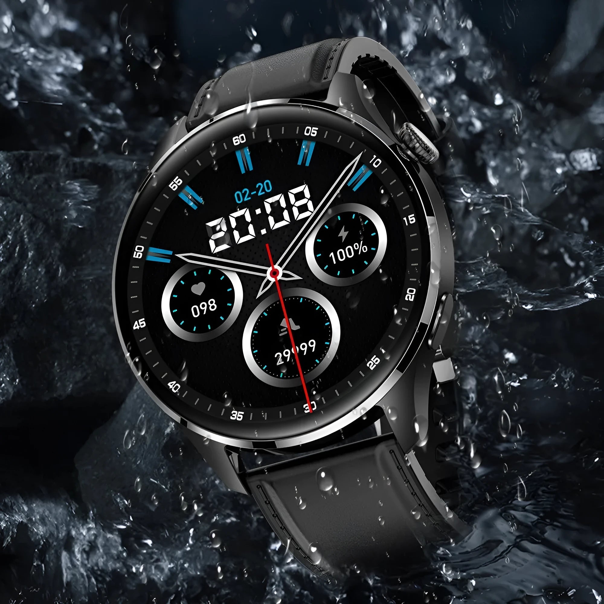 Smart watch with round colour touchscreen on a black silicone strap, showing call interface.
