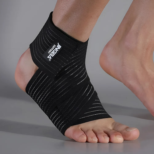 Adjustable black sports bandage for ankle support during running and basketball.