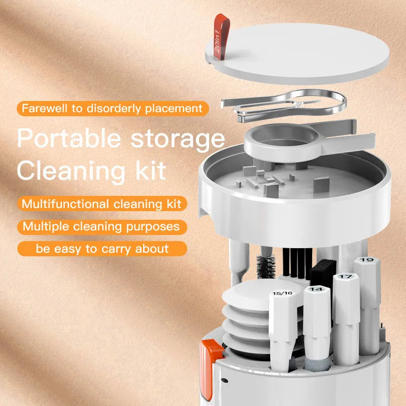 20-in-1 laptop phone screen cleaner kit with cylindrical storage, includes brushes and key puller for keyboards