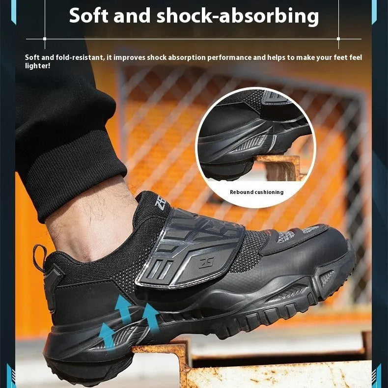 Black low-top safety work shoes with a velcro buckle, featuring a steel toe cap and EVA sole.