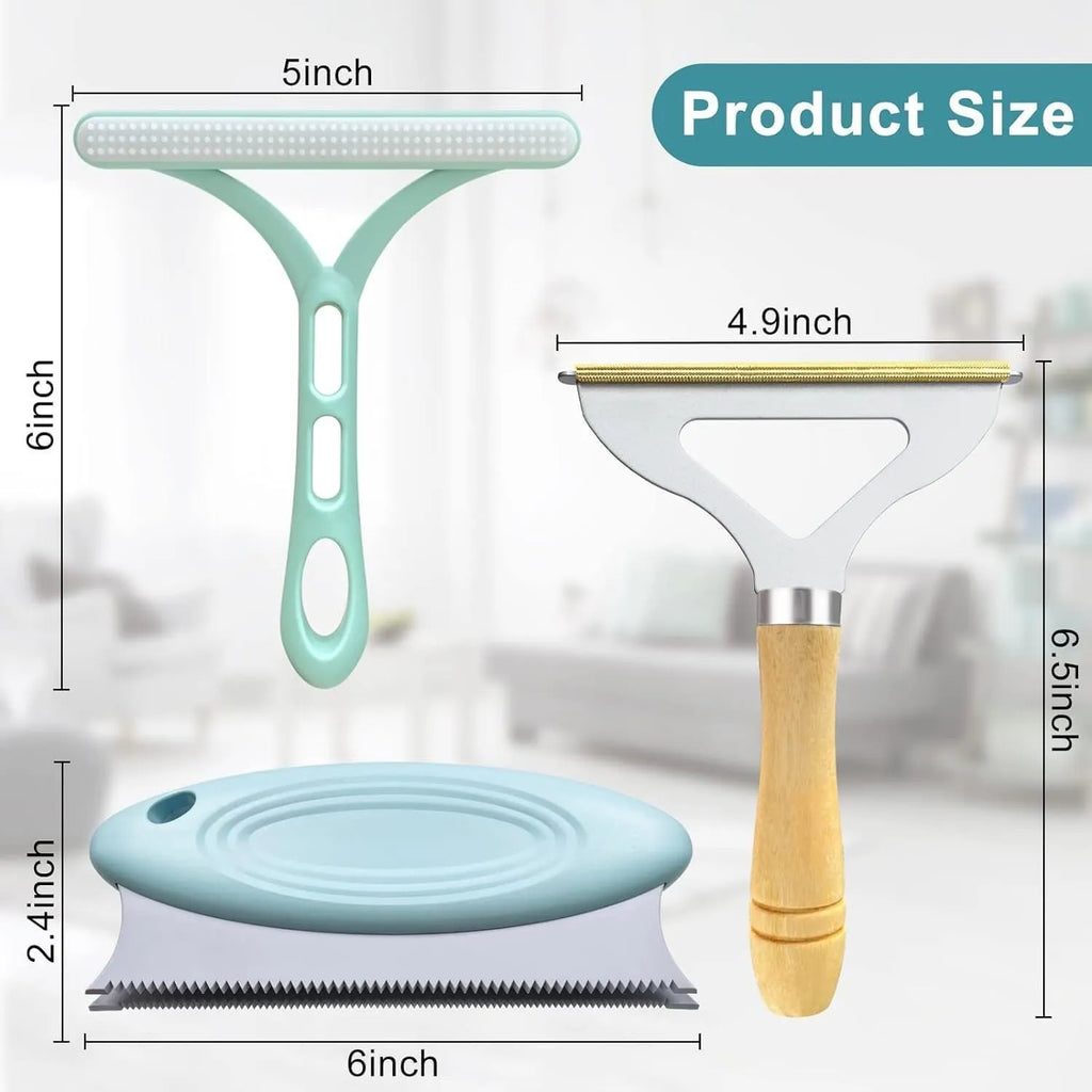 Green 3-piece pet hair remover set showing metal lint tool, silicone brush, and round cleaner for sofas and cars.