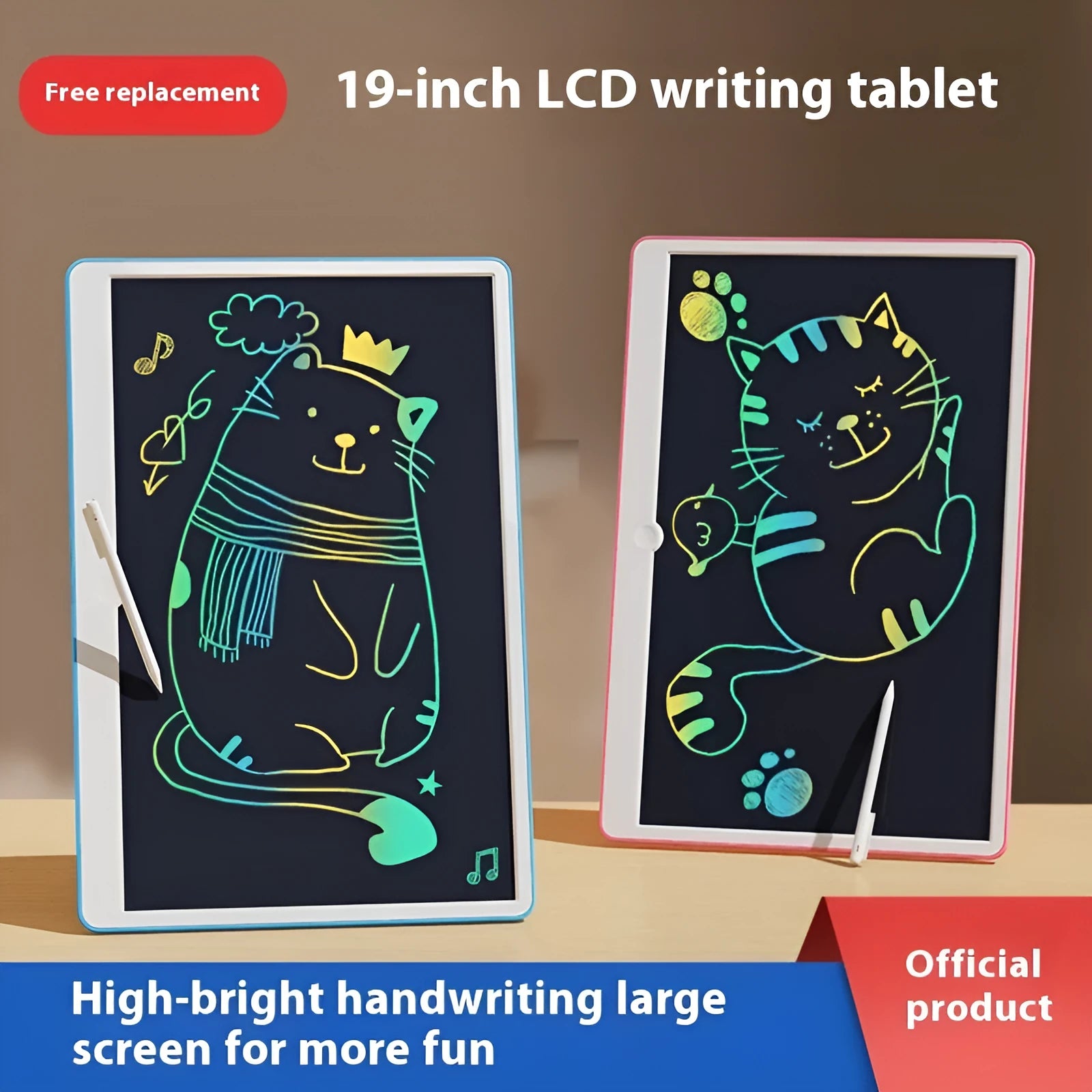 19-inch LCD rechargeable drawing board for children in blue and white colour.