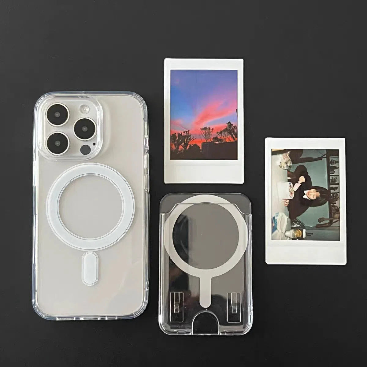 Transparent acrylic iPhone case with white wallet card holder and full-coverage anti-drop cover.