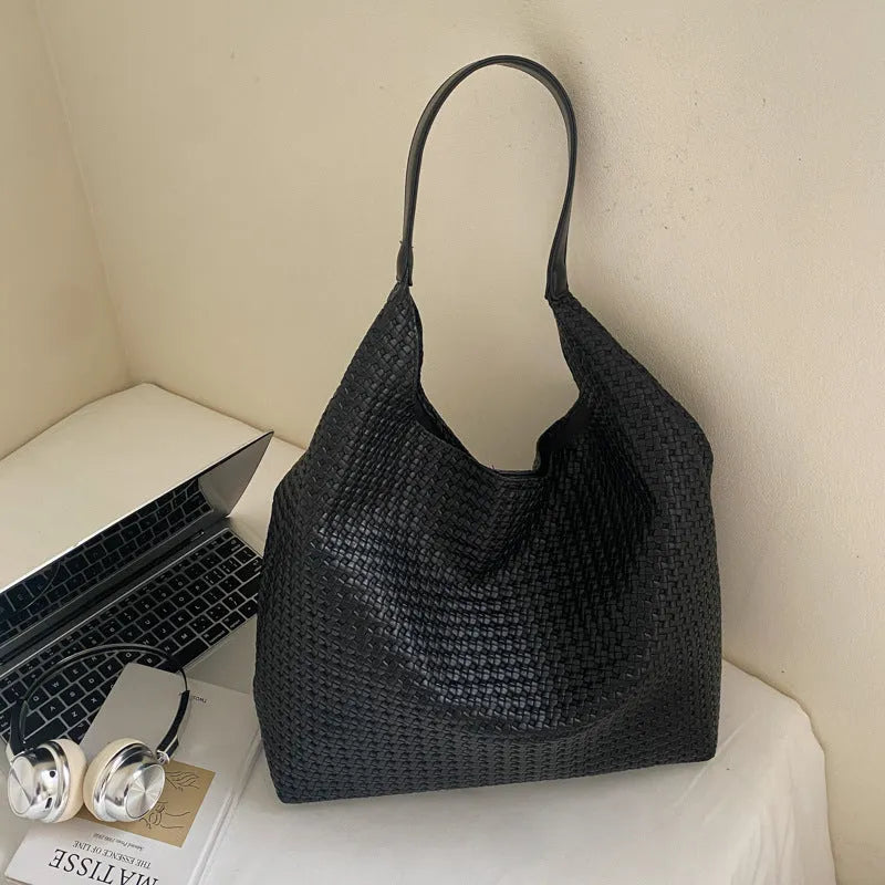 Retro women's woven PU tote bag, medium hard, square vertical shape, 38x42x13cm, olive green colour