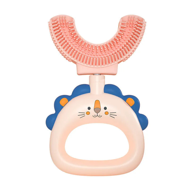 Children's U-shaped silicone toothbrush in blue for ages 2-6 years with soft silicone head and PP handle