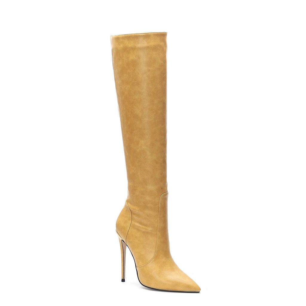 Women's stiletto heel fashion boots in dark gray, super high heel above 8cm, pointed toe, mid-calf shaft, artificial PU upper