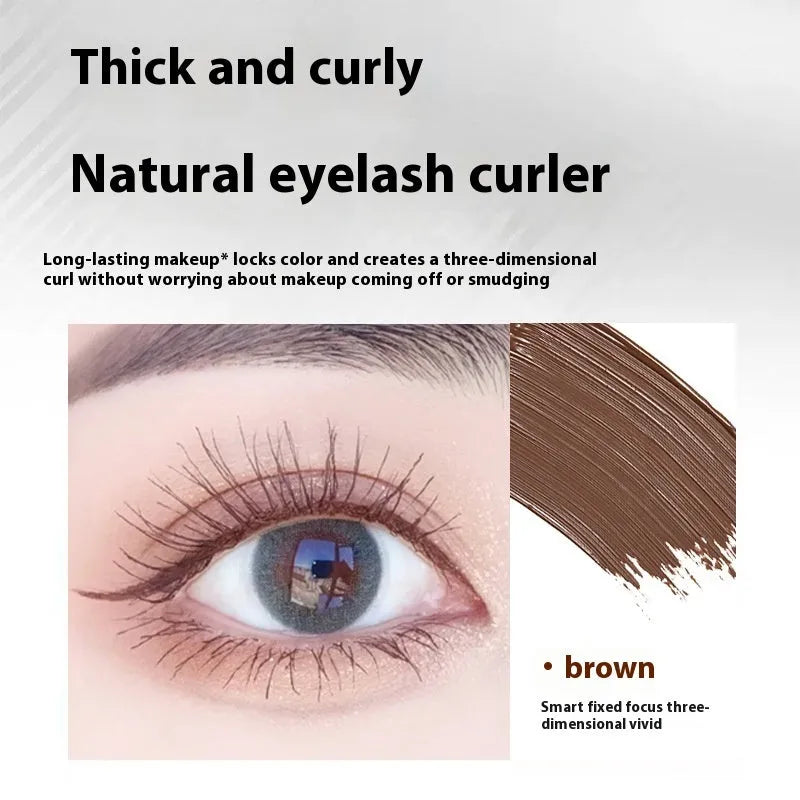 Black waterproof mascara in a steel tube, shown with an eyelash curler option.