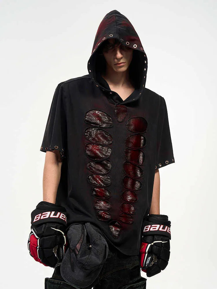 Black men's hooded T-shirt with sequin detailing and loose-fitting design