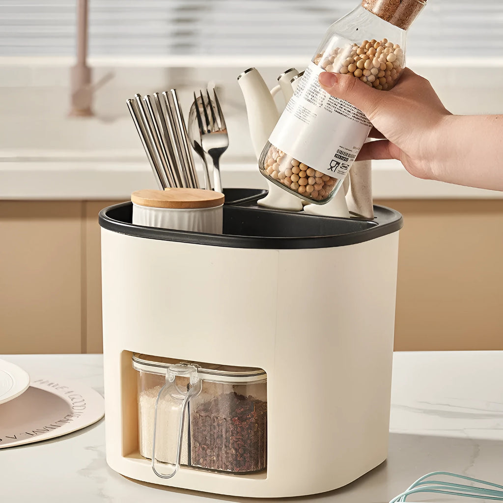Rotating kitchen storage bucket with four-compartment spice box set in simple style