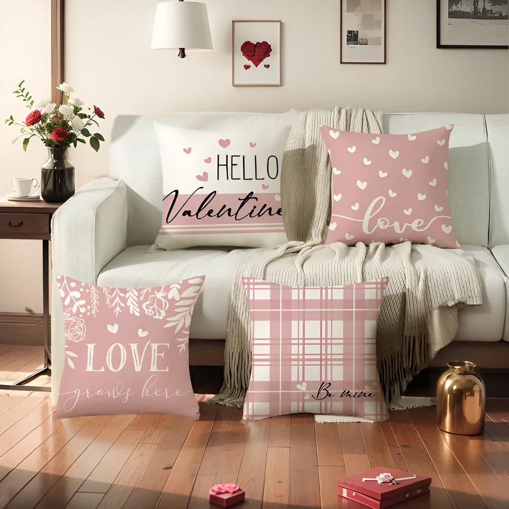 Square plaid and heart print cushion cover with zip closure, shown in red colourway.