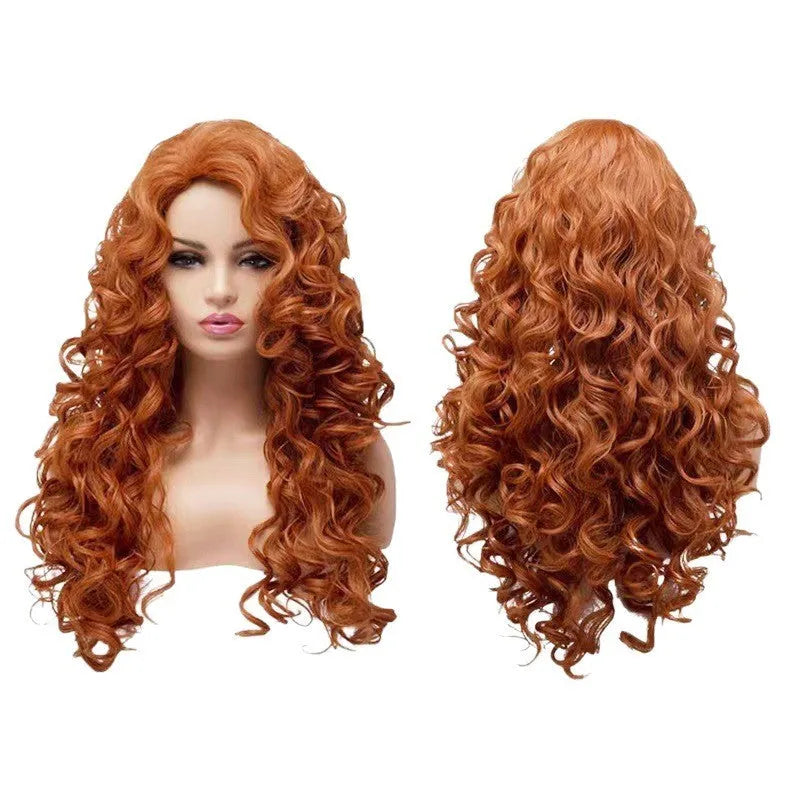 Brown long curly instant noodles style cosplay wig with wavy texture on wig head