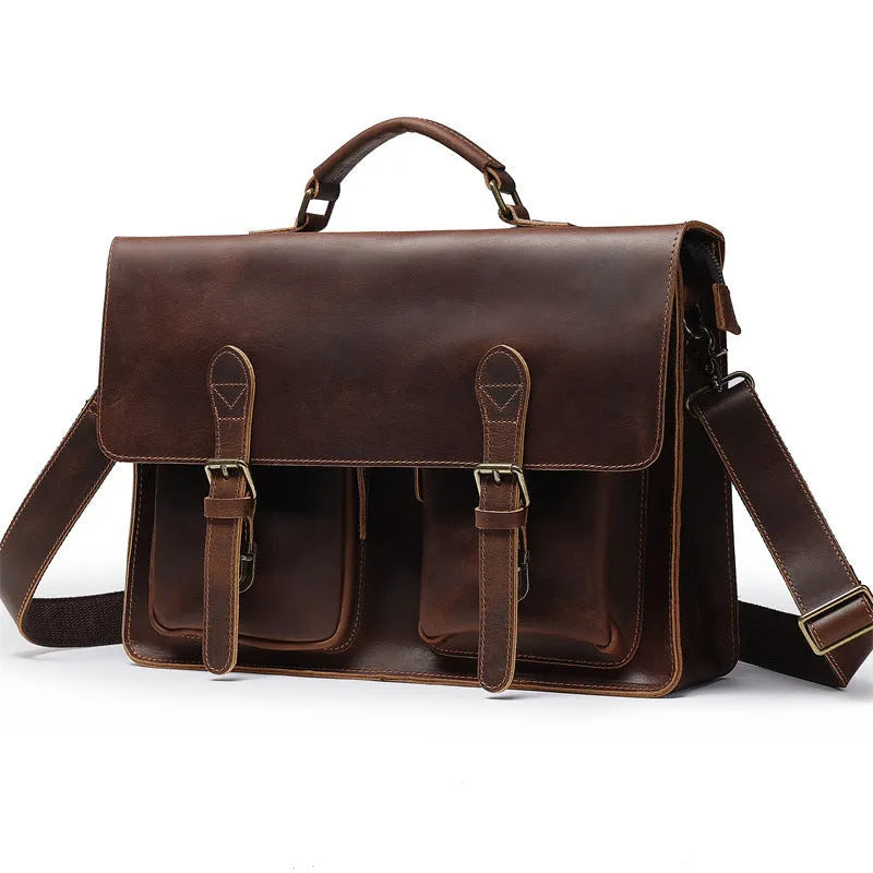 Top cowhide leather computer crossbody bag in business style with anti-theft function