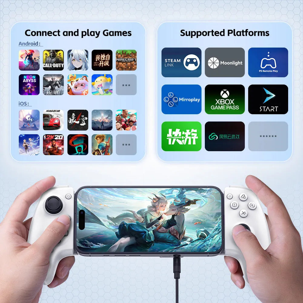 White Type-C and Bluetooth gaming controller with Hall joystick, 115-193mm stretch and anti-slip grip