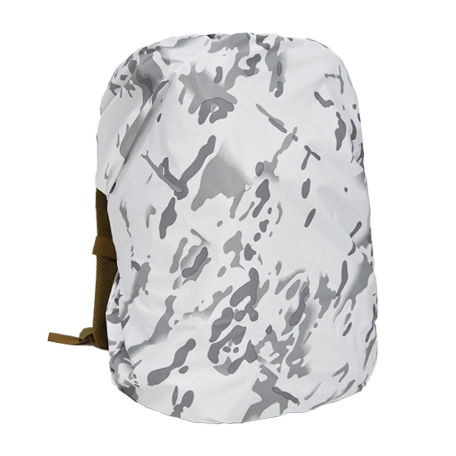 Waterproof backpack rain cover in army green, shown fitted over a large hiking pack.