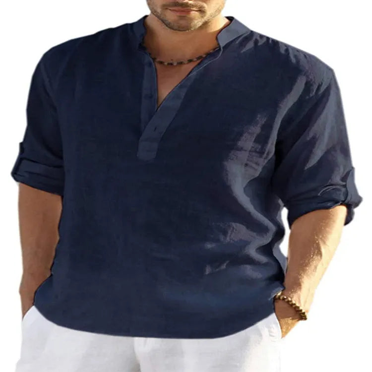 Men's casual long sleeve shirt in a cotton linen blend with a stand collar, shown in a solid colour.