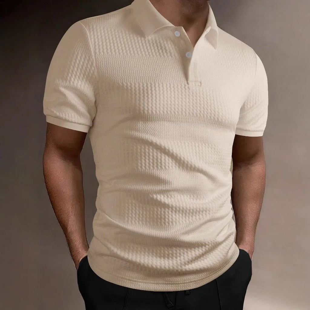 Men's striped polo shirt in loose fit with short sleeves and asymmetric style detail