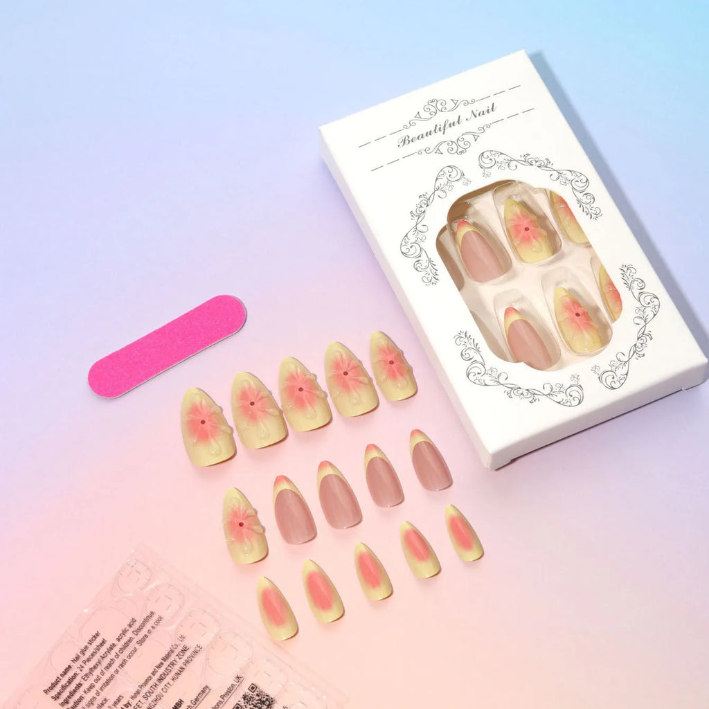 Cartoon 3D flower design detachable fake nails set with plastic armour pieces and jelly glue