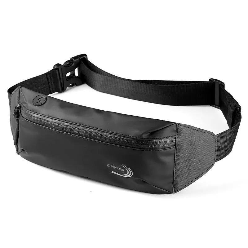 Men's black waterproof waist bag with adjustable strap for sports.