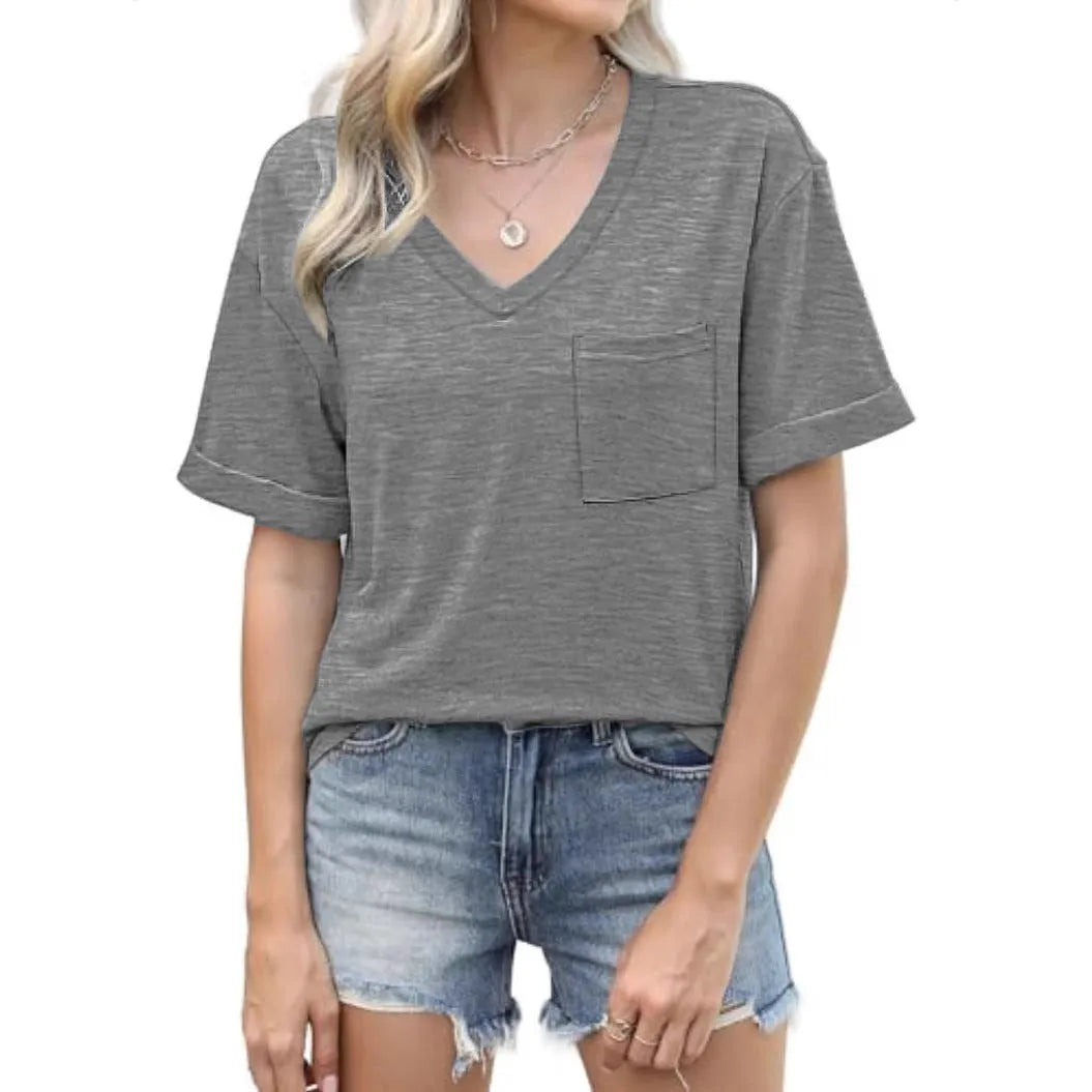 Grey loose fit V-neck t-shirt with a chest pocket on a solid background