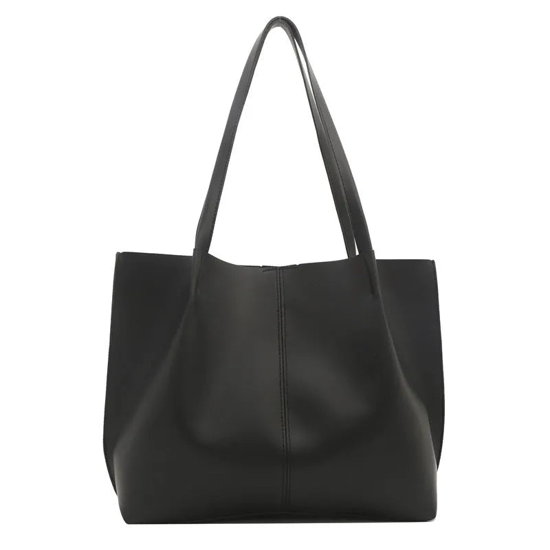 PU casual messenger bag in black, brown, white, or coffee with open pocket, bucket shape, and double shoulder straps
