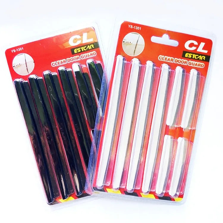 White plastic car door edge protector strip with adhesive backing, shown against a vehicle door.