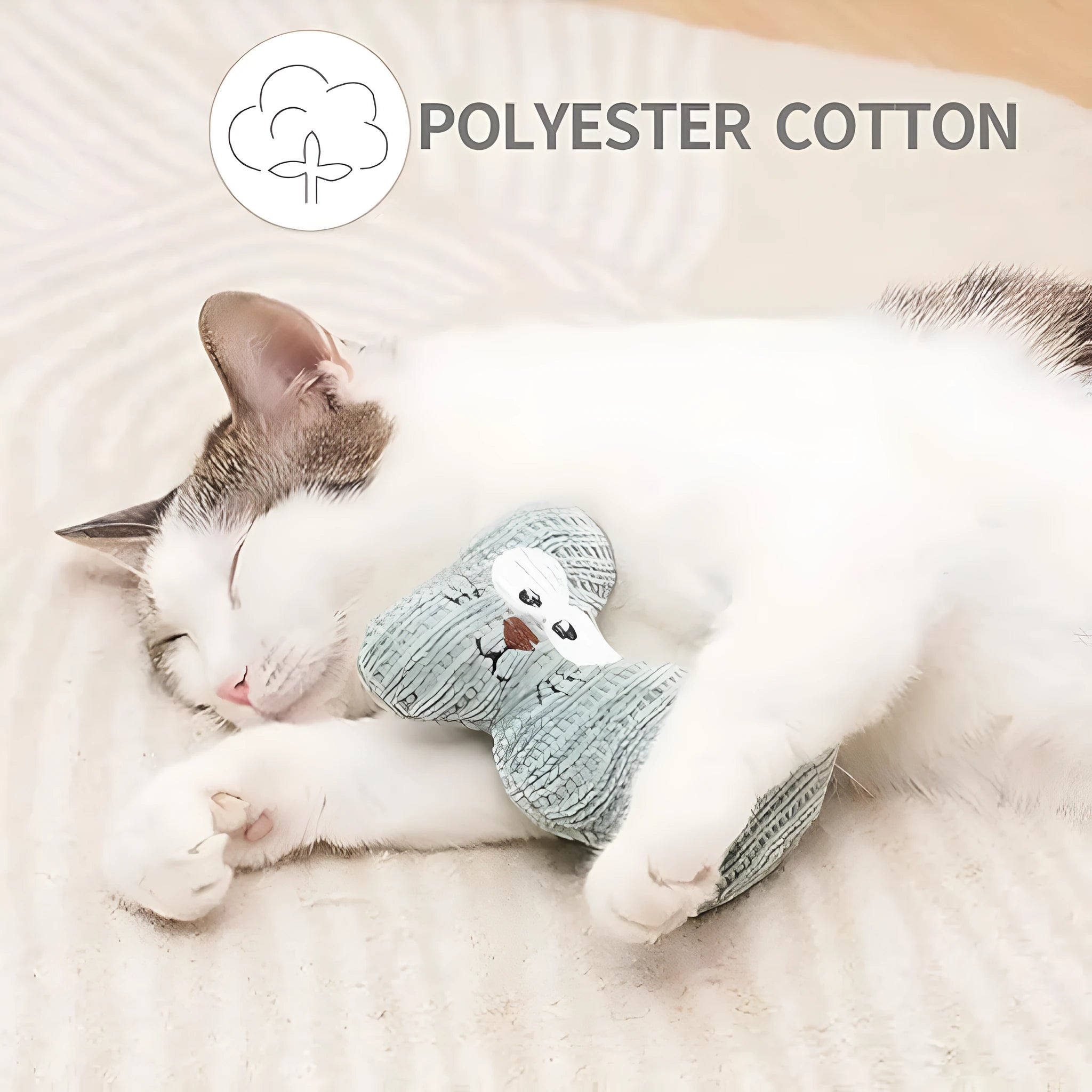 Cyan plush cat toy with bell and catnip, measuring 12cm by 11cm, on a white background