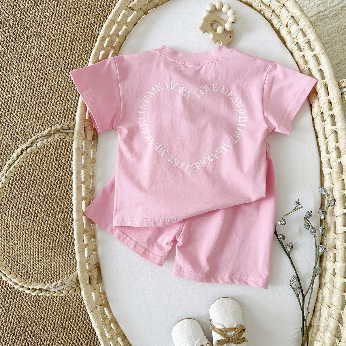 Korean style baby cotton two-piece suit set with heart printing and plaid pattern in white, pink, or grey