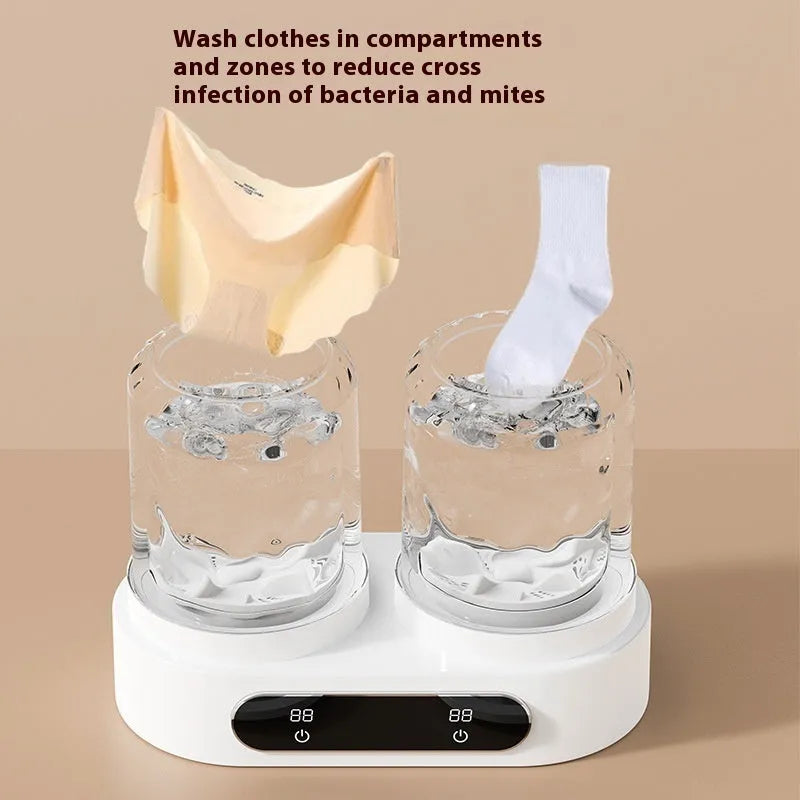 White Double Bucket Laundry Cup mini washing machine with two lids and a USB cable.