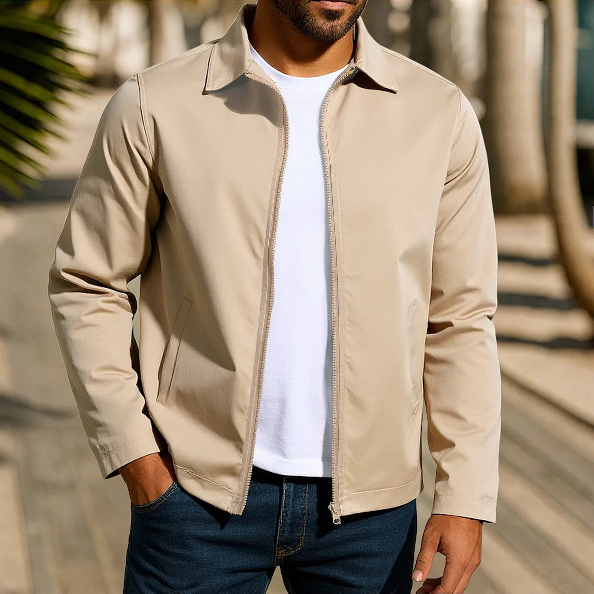 Men's zipper-front cardigan jacket with raglan sleeves in polyester blend fabric