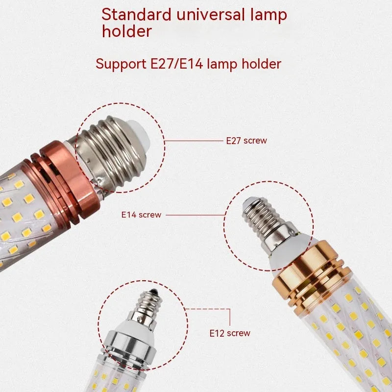 E14 12W LED corn light bulb showing 60 yellow LED beads on a clear background.