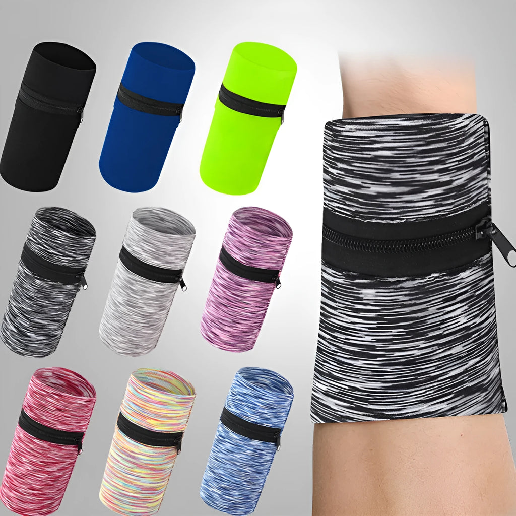 Sports mobile phone arm bag in black, shown on a person's arm during a run