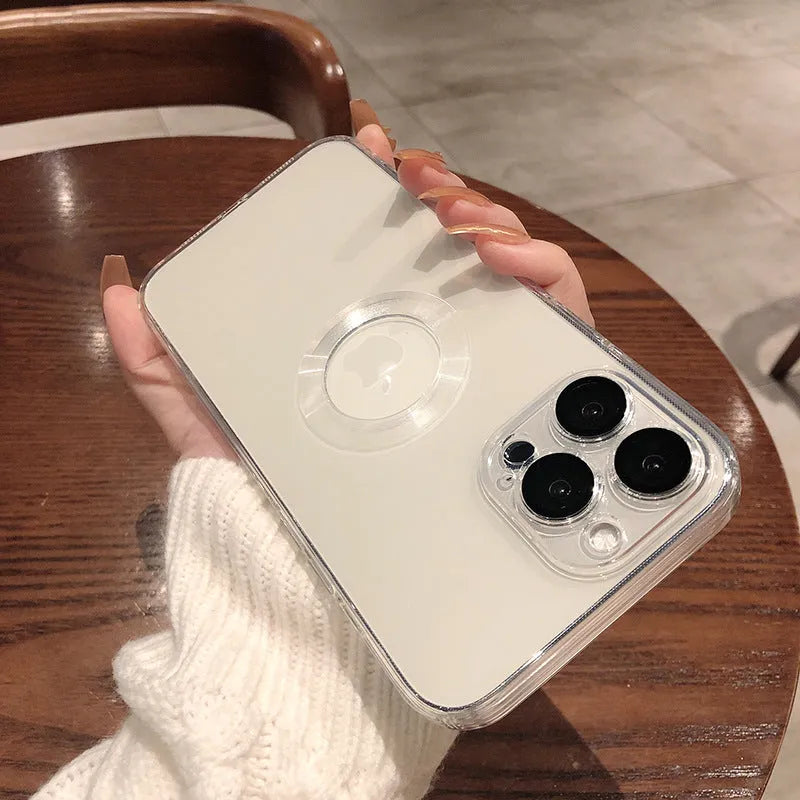 Transparent electroplated silicone iPhone case showing integrated camera lens protector and precise button cutouts