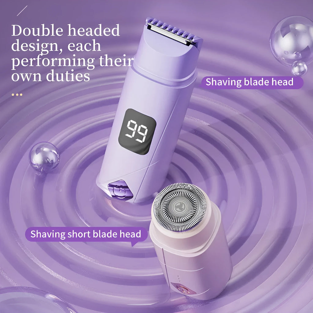 Women's digital display USB-rechargeable body hair removal shaver in gradient purple colour.