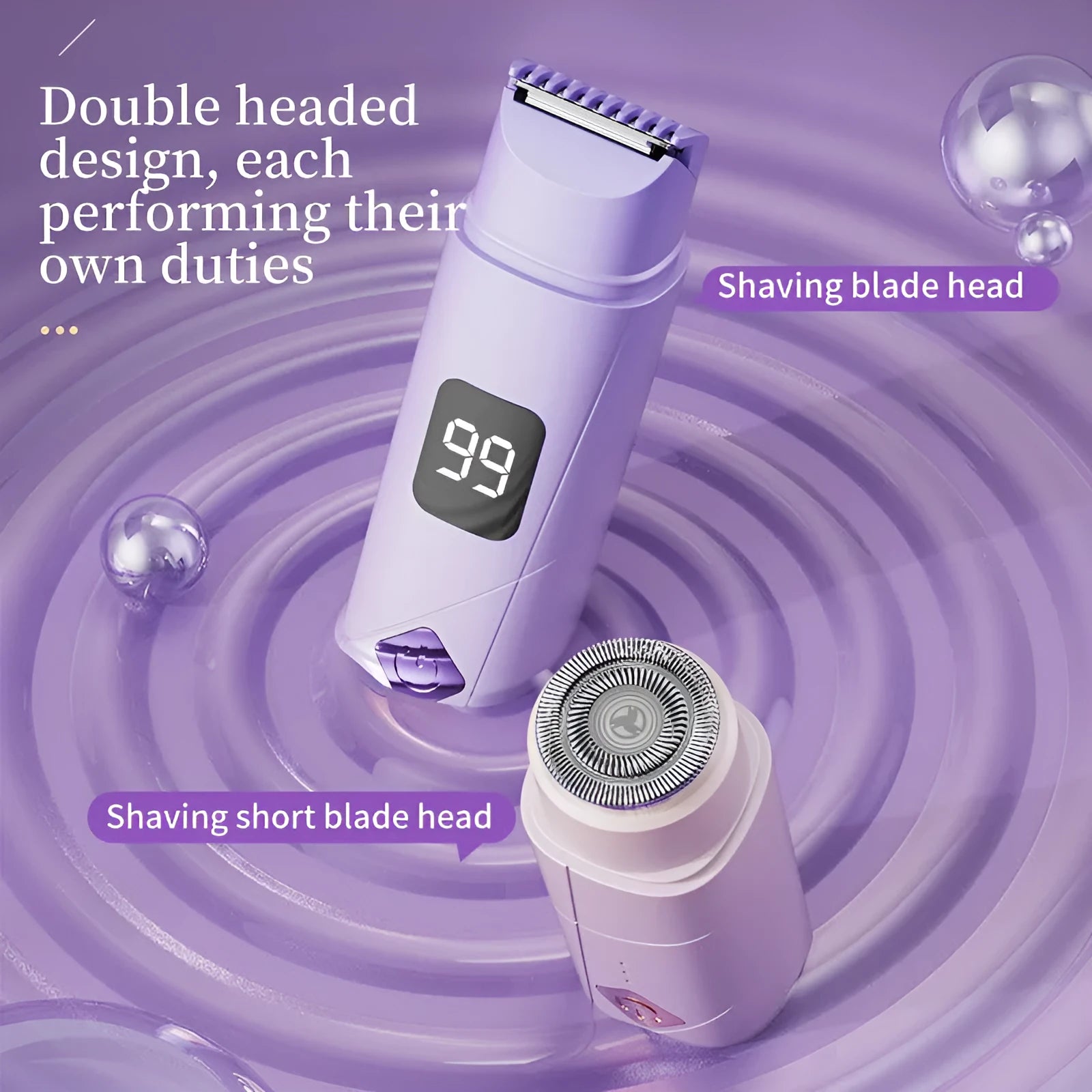 Women's digital display USB-rechargeable body hair removal shaver in gradient purple colour.