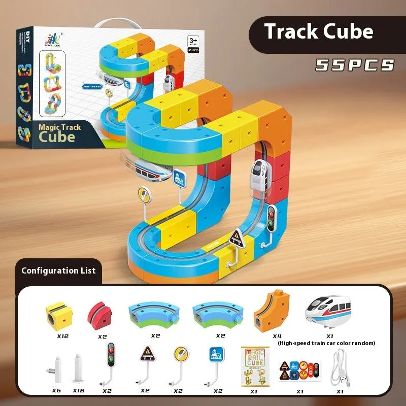 Children's educational track cube building blocks toy 55-piece Basic Edition with plastic and electronic components