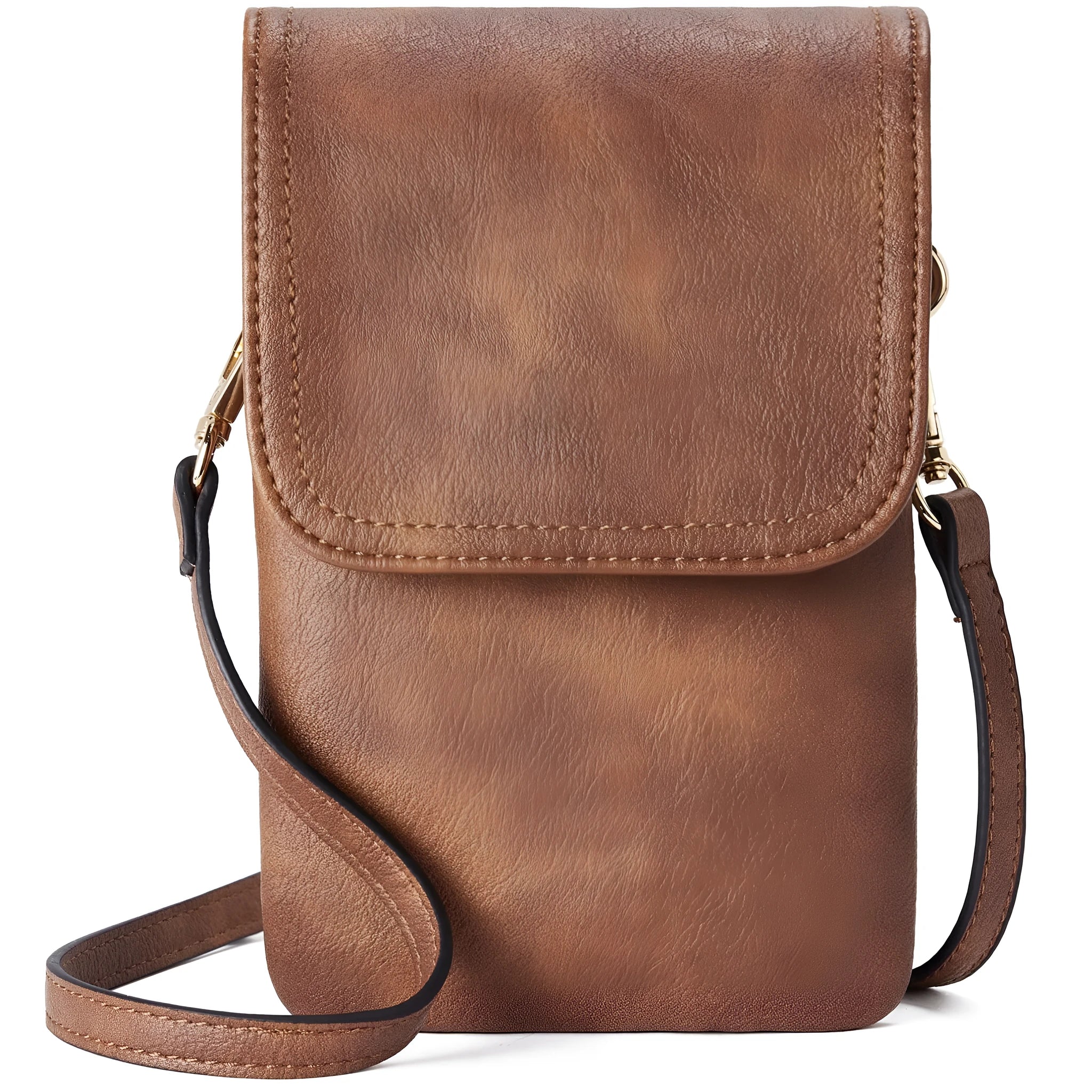 Men's PU leather square vertical messenger bag in brown with sandwich pocket and adjustable strap