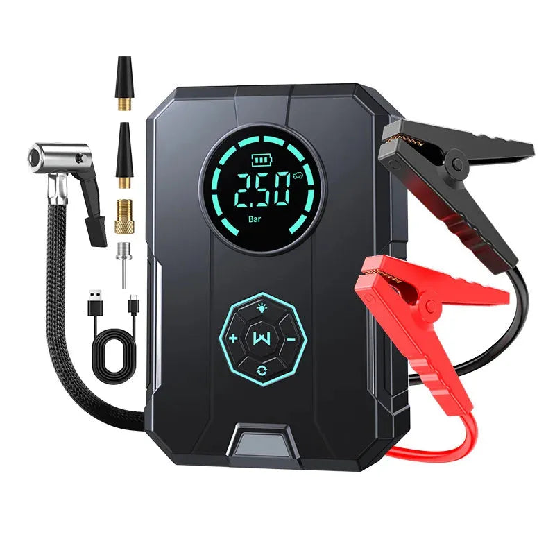 Portable wireless car tyre inflator with LED light and pressure gauge