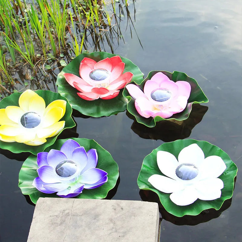 Outdoor waterproof solar lotus lamp floating on pond water with colourful LED light
