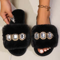 Women's fluffy plush slippers with pearl rhinestone chain, round toe, rubber sole, milky white
