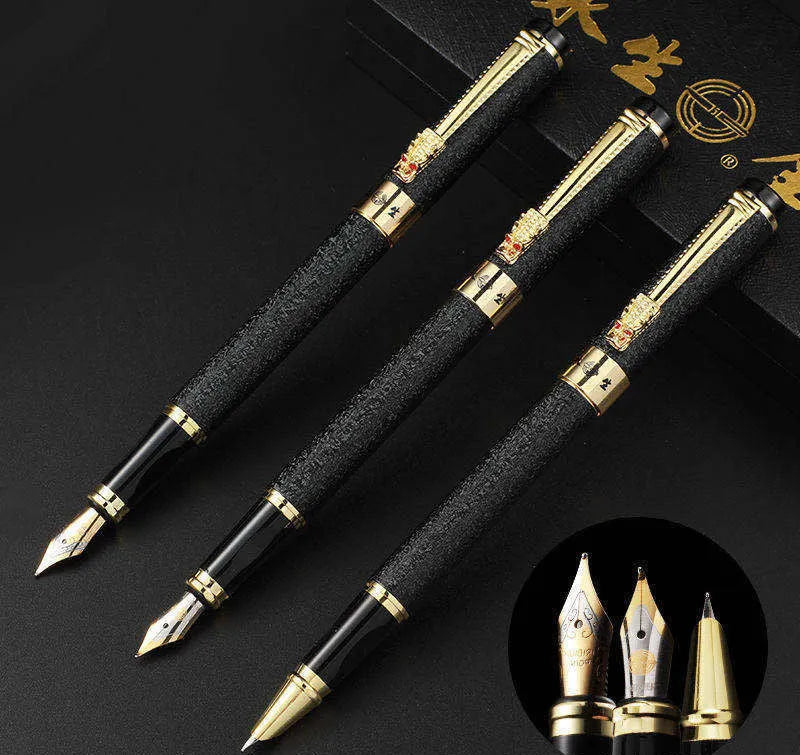Metal fountain pen with iridium nib in black, gold, purple, or white, available in 0.38, 0.5, and 0.8 nib sizes.