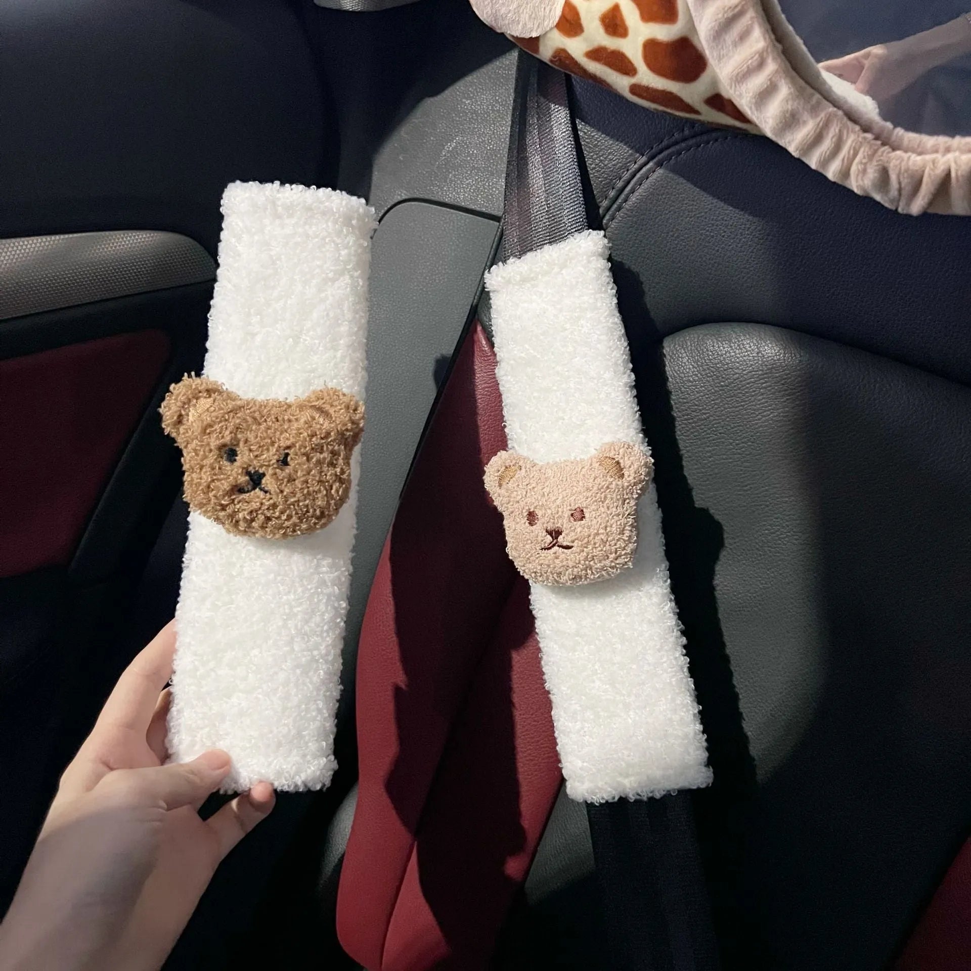 Cartoon bear plush seat belt cover for baby car seats showing khaki and coffee colour options