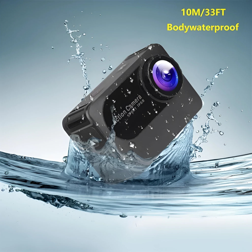Black sports action camera with touch screen and wide-angle lens, dimensions 66x44x31mm