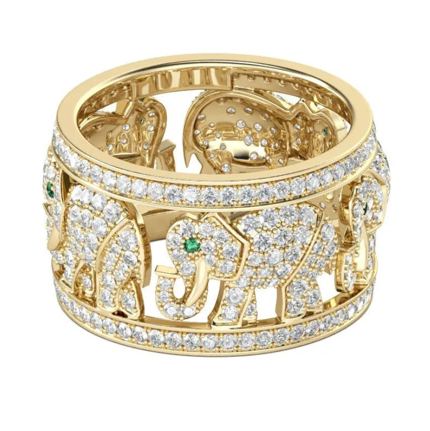Full diamond elephant fashion ring in alloy with electroplated finish showing detailed animal motif