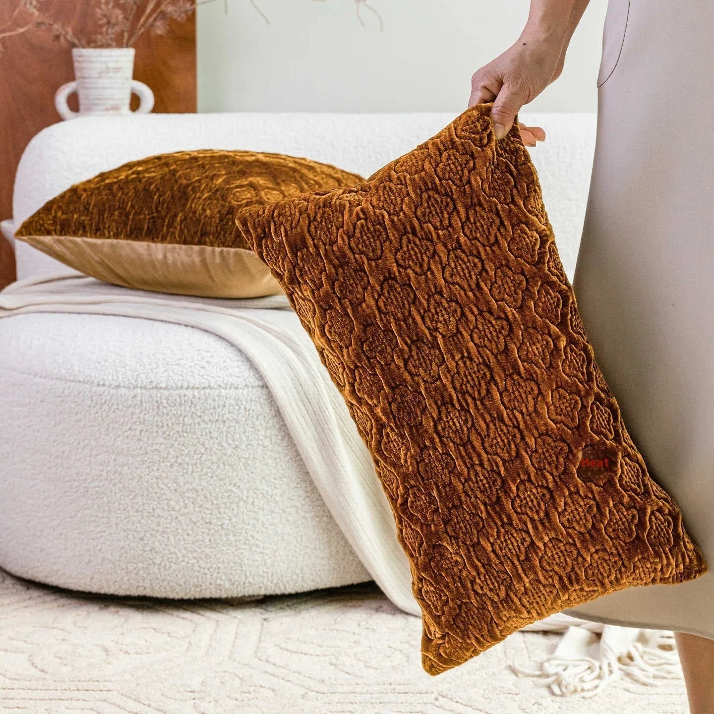 Chinese antique style quilted cushion pillow in brown gold, autumn green, or beige colours