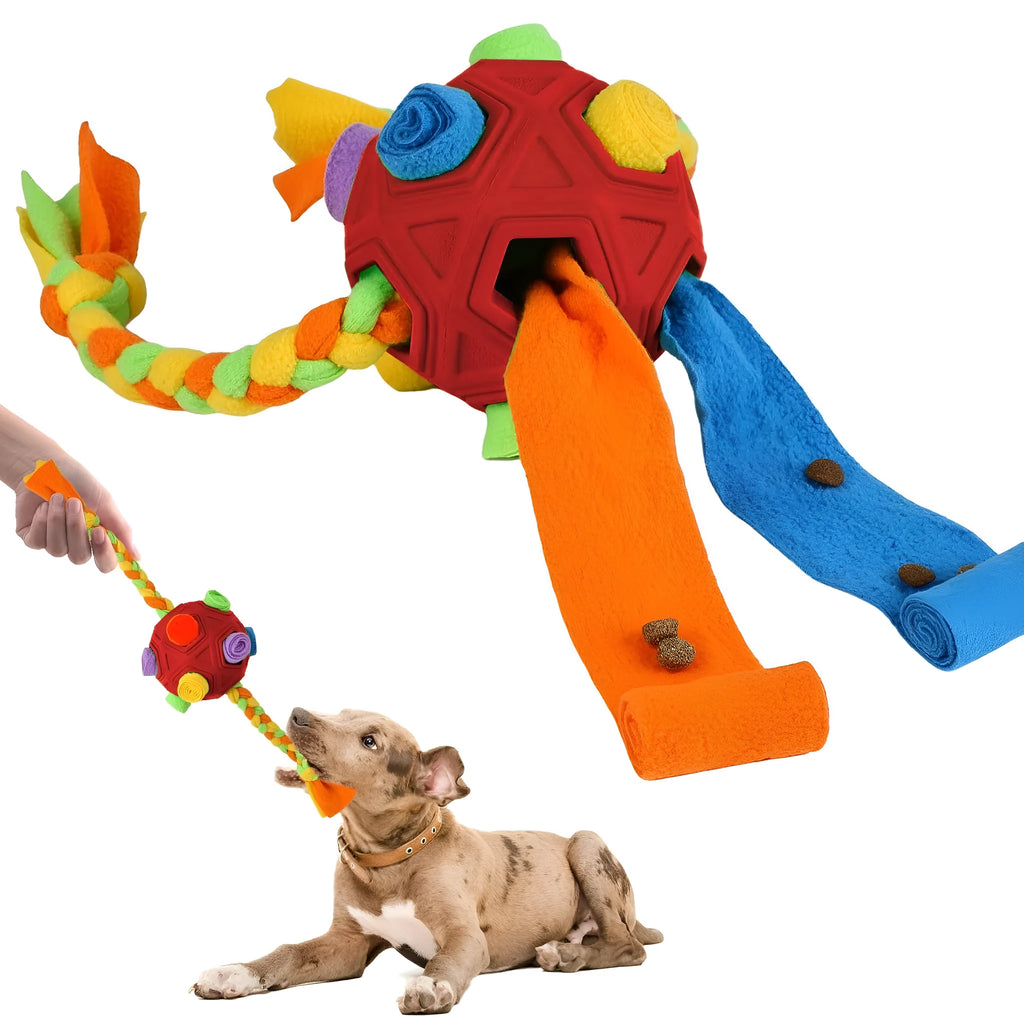 Dog puzzle sniffing ball training toy in multiple colour options on white background