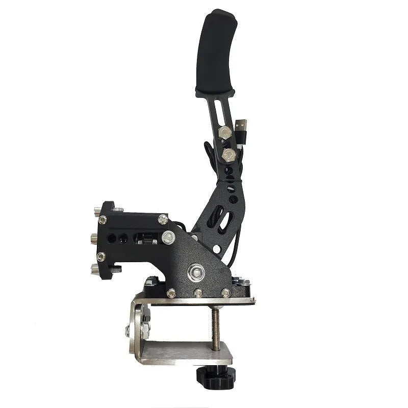 Black USB handbrake controller for PC racing games with aluminium body and desk clamp.