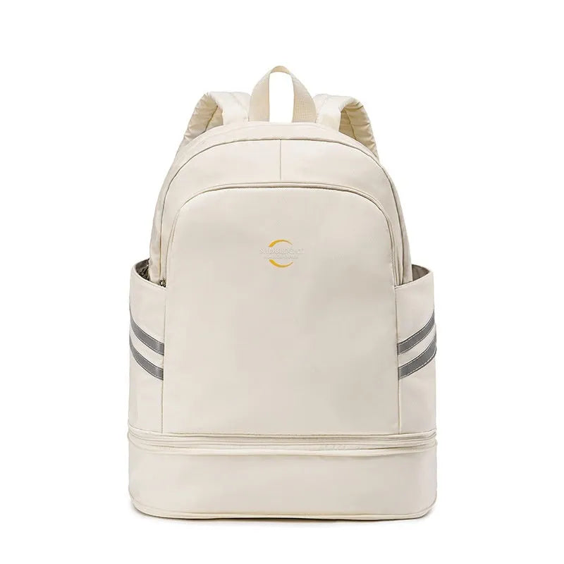 Beige unisex travel backpack with curved shoulder straps showing dry wet separation compartment.