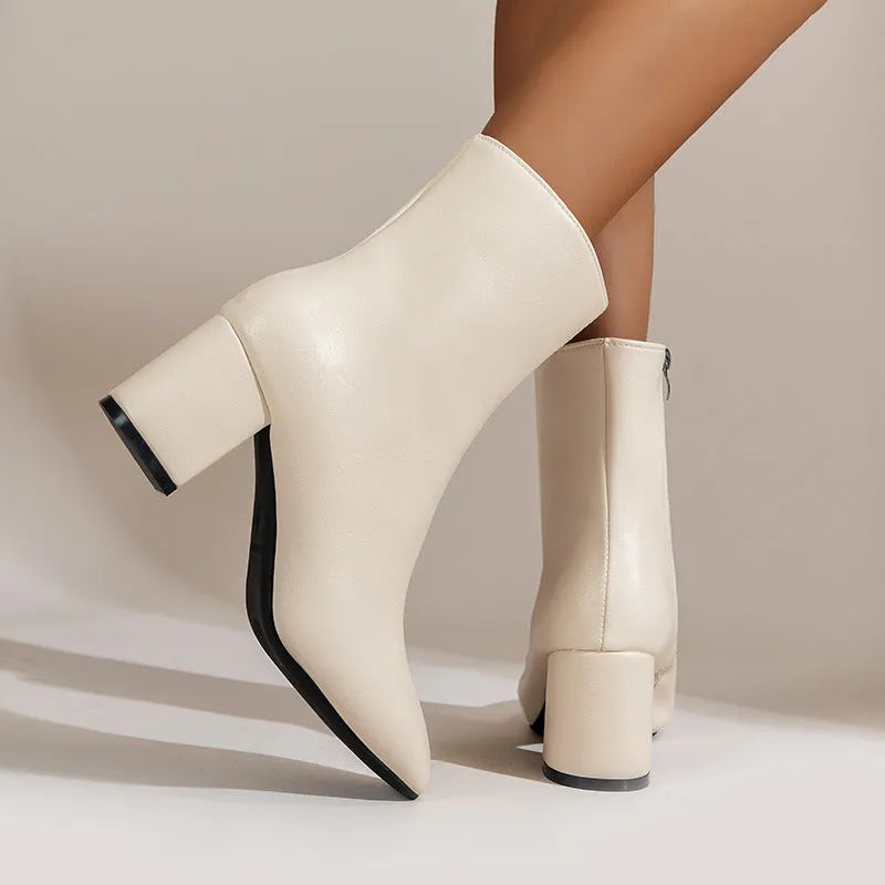 Women's chunky heel pointed toe mid-calf boots with side zipper in black shiny leather
