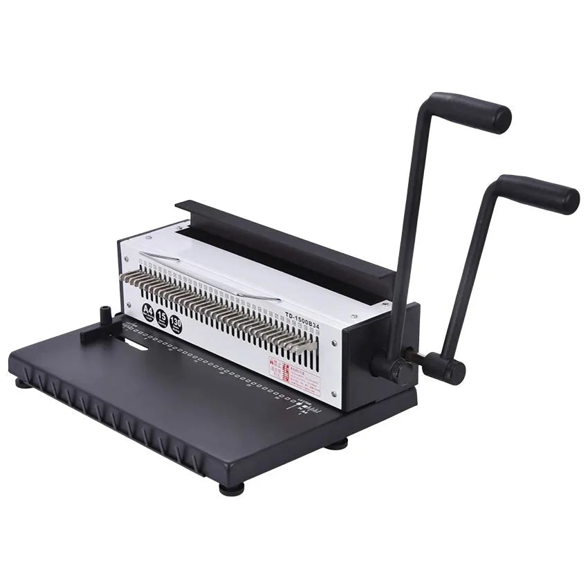 34 hole iron ring binding machine in black with two solid handles for A4 paper and 3:1 pitch double iron ring binding