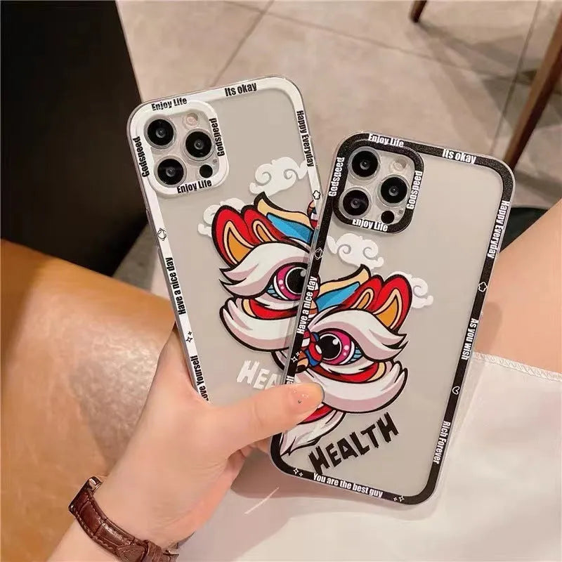 Lion dance hand-painted TPU phone case for Apple iPhone with transparent straight edge and Angel Eyes design in black frame